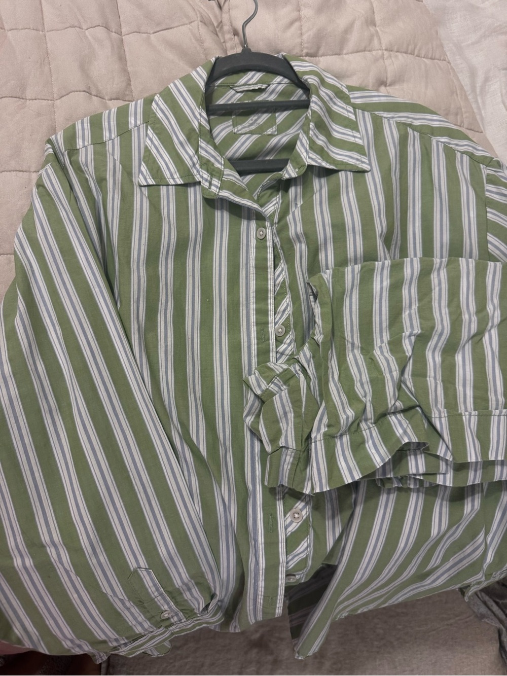 Aerie Women’s Green and White Striped Button-Up Shirt and Shorts Set